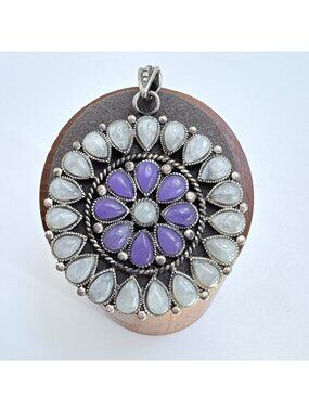 Purple & White Quartz Circle Pendant Vintage Sterling Silver 925 Size 2" Length